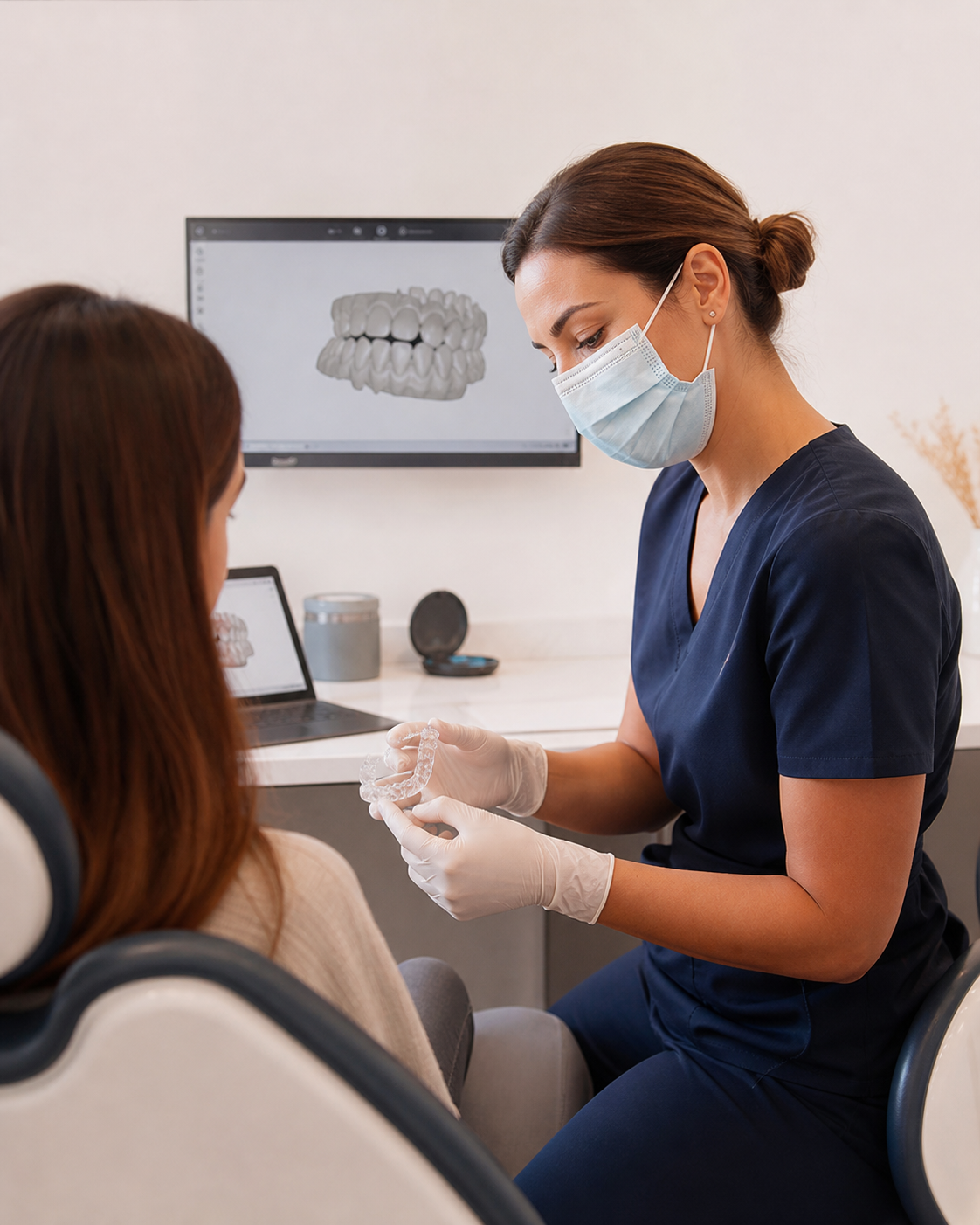 Imagem editorial gerada por IA de uma avaliação dentária com alinhador transparente
